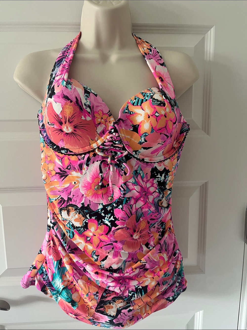 Coco Reef Floral Halter One-Piece Swimsuit in Pink & Orange